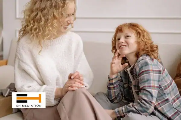 Happy mother and child after sorting child arrangements mediation Fleet